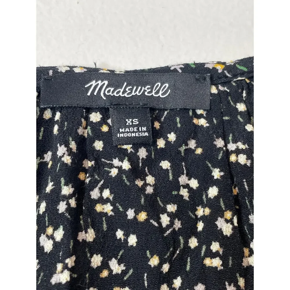 Madewell Extra Small Black Floral Blouse with V-Neck & Puff Sleeves